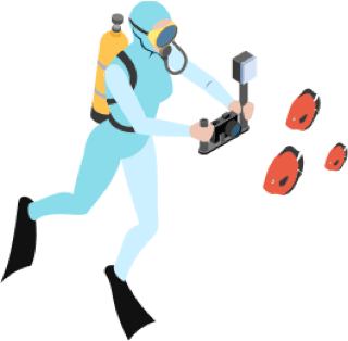 Illustration of a scubadiver taking a photo of 3 fish