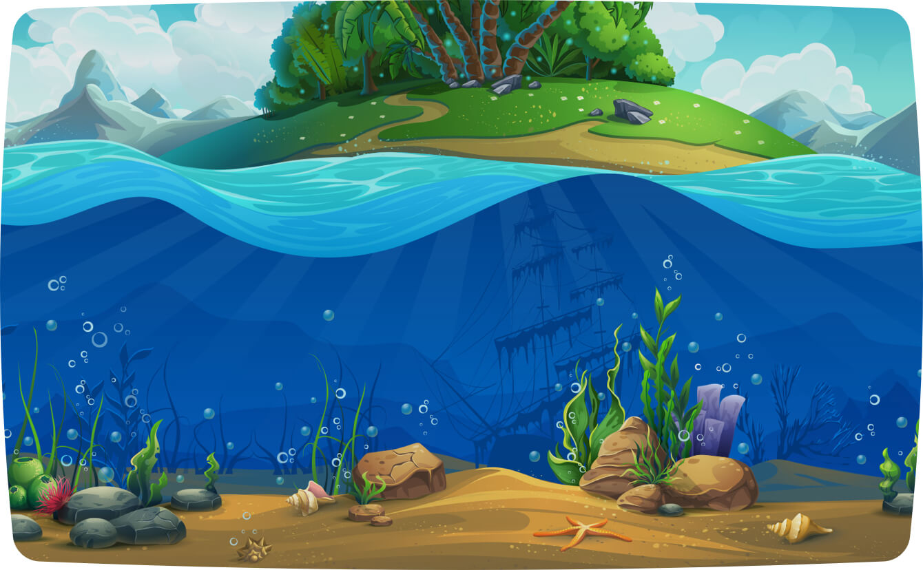 Underwater scene in front of an island
