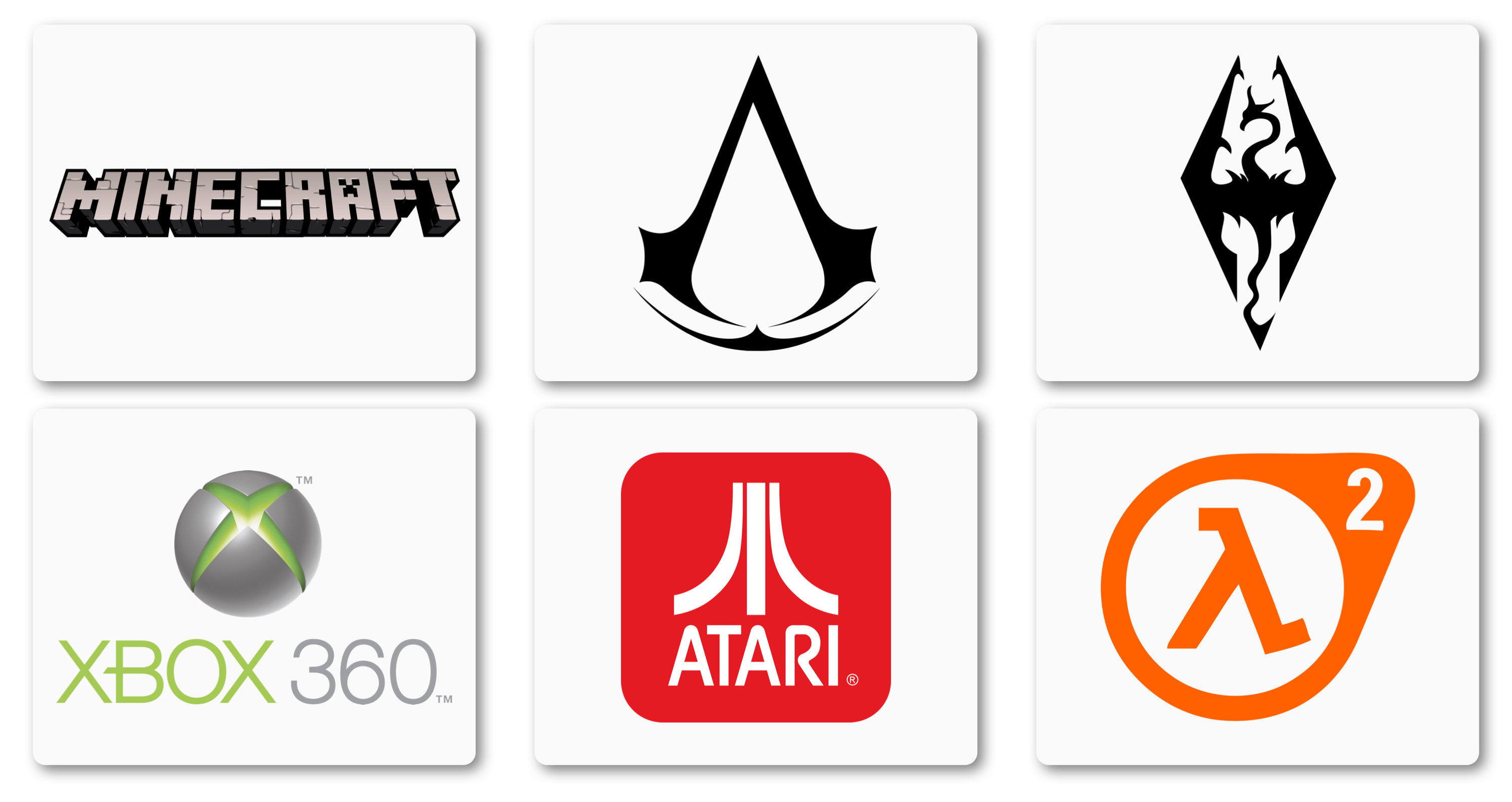 Some of the most iconic gaming logos including Minecraft, Assassin's Creed, Skyrim, Xbox 360, Atari, Half Life 2