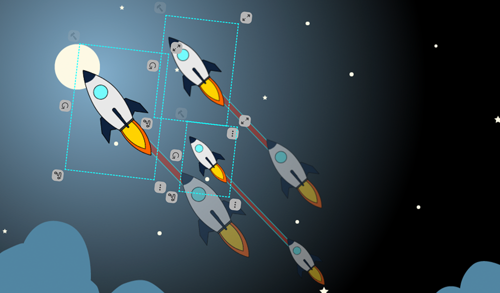 A SpaceDraft showing three rocket ship pins selected, against a background of a starry night sky.