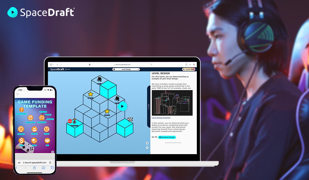 SpaceDraft's game funding template on a phone and laptop.
