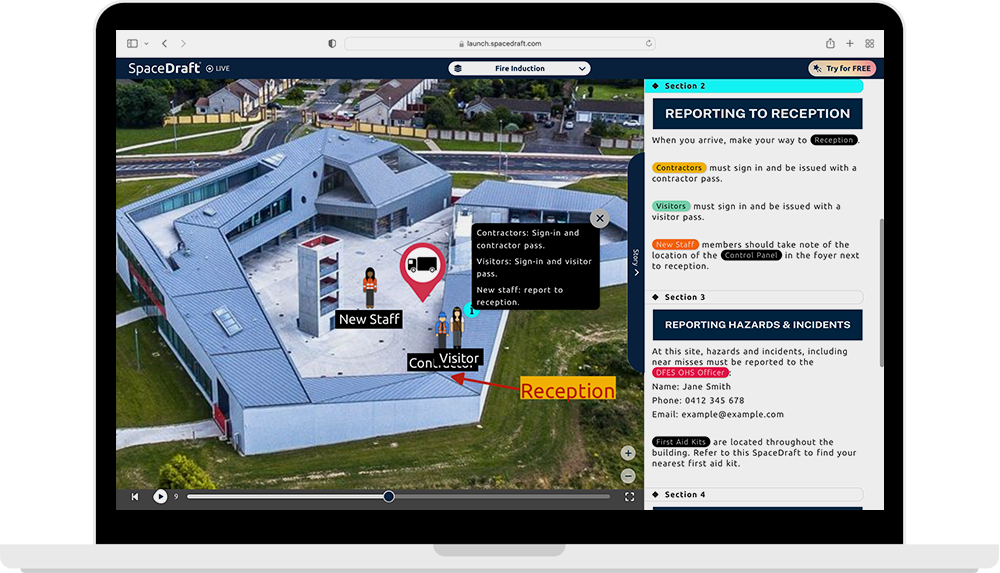 A laptop showing a SpaceDraft with a workplace site induction and emergency procedures.