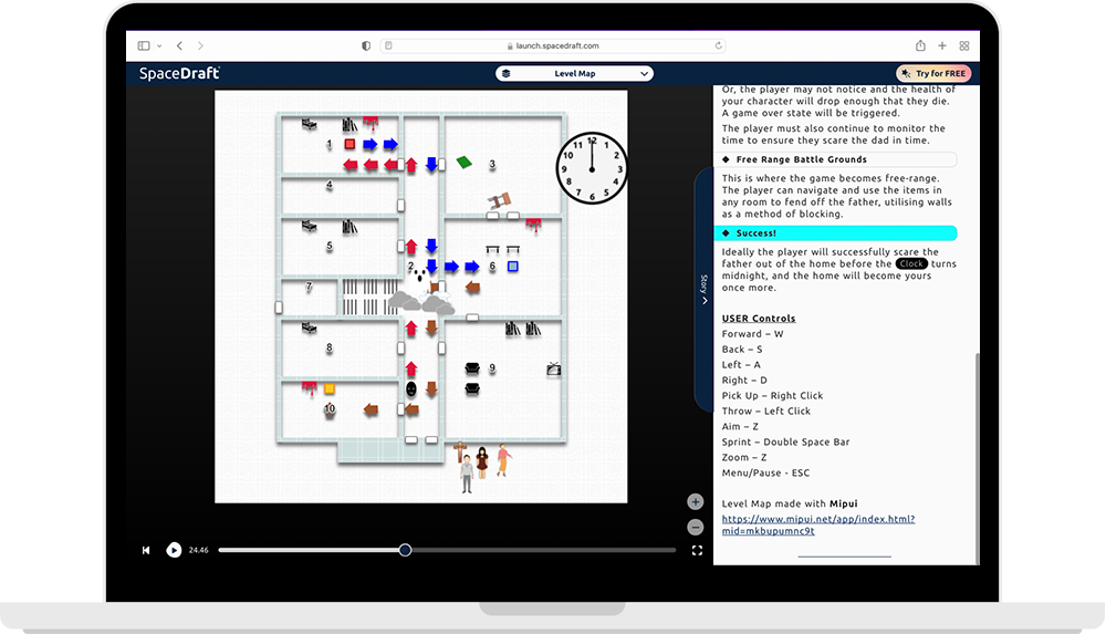 A laptop showing the SpaceDraft Game Funding Template being used for level design.