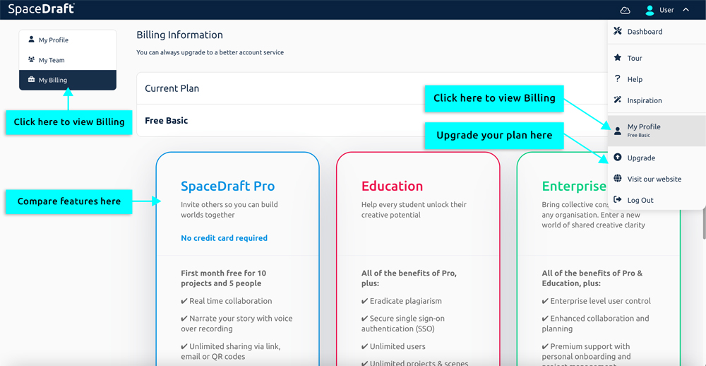The SpaceDraft Billing Information page.