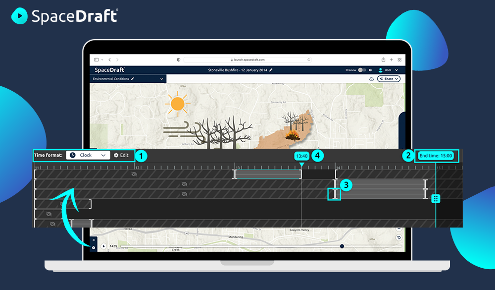 A laptop showing a SpaceDraft about a fire, with an image of the SpaceDraft timeline overlaid.