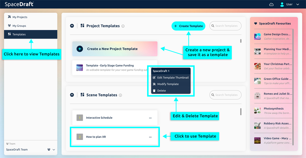 The SpaceDraft Templates page lets you create and manage templates.