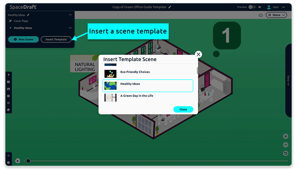 From the project navigation menu, click the Insert Template button to insert a scene from a template.