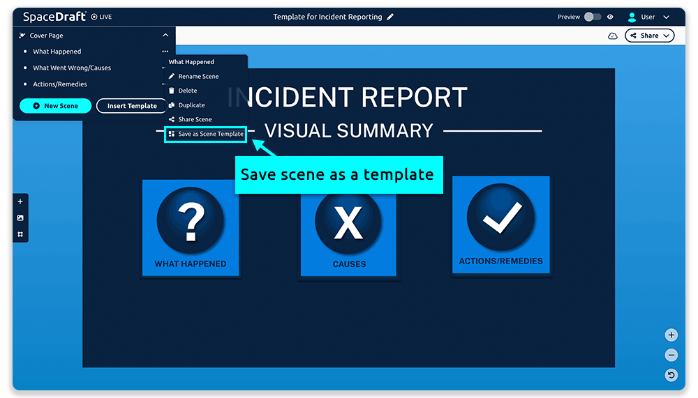 From the project navigation menu, click the three dots next to a scene to save a scene as a template.
